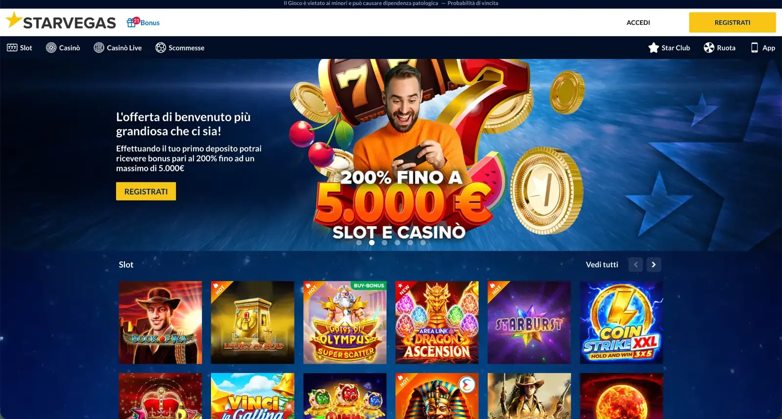 Homepage di StarVegas con il bonus di benvenuto